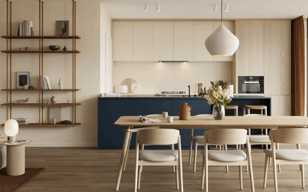 Moderni luonnonsävyin sisustettu keittiö